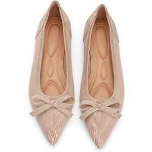 Women's Beige Pointed Toe Knit Foldable Ballet Comfortable Slip On Shoes